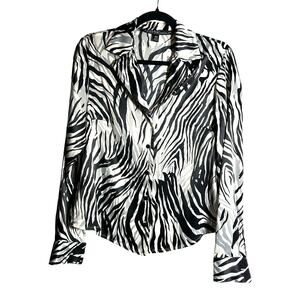 KASPER Zebra Print Blouse NWT $49 Black White Silver Collared Size 10P